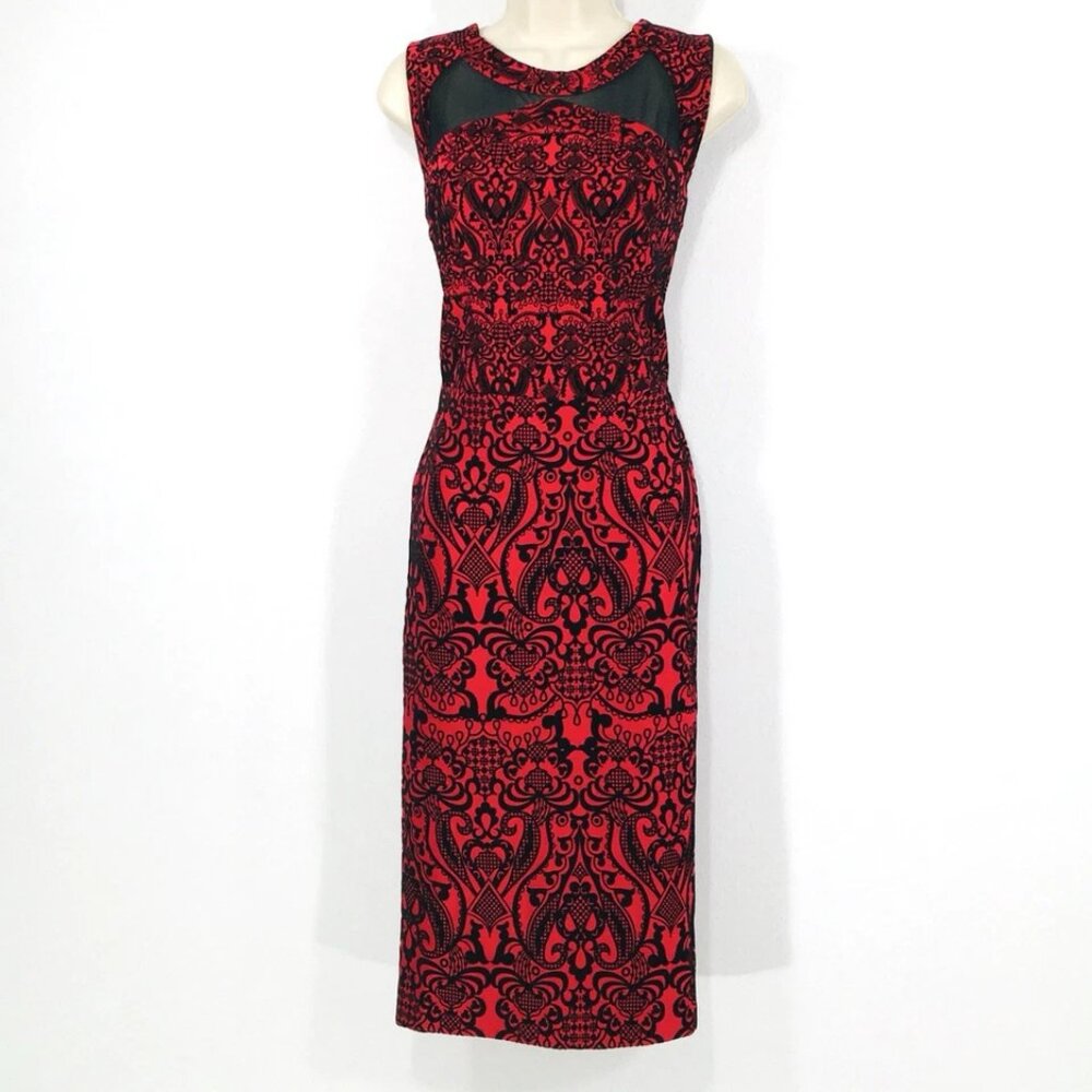 Beige By ECI Dress Sz 10 Black Velvet On Red Pencil Sheath Mesh Cut Outs Zip